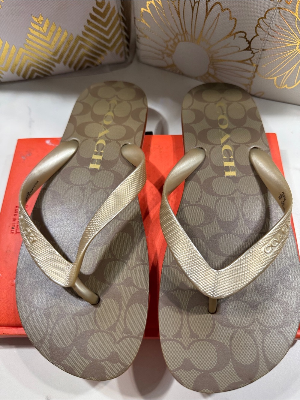 Coach Gold Metallic Strap Flip-Flop Sandals with Signature Print